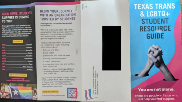 Row of three trifold brochures/posters: left dark flyer about Trans Texas takeover event; middle grey resource page; right bright blue/pink LGBTQ+ student resource guide with clasped hands image.