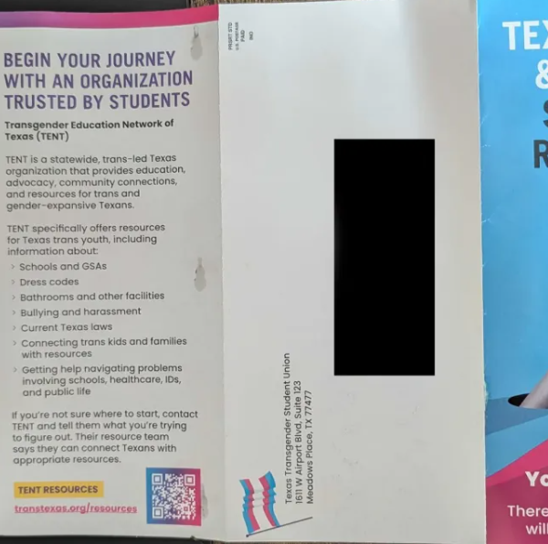 Row of three trifold brochures/posters: left dark flyer about Trans Texas takeover event; middle grey resource page; right bright blue/pink LGBTQ+ student resource guide with clasped hands image.