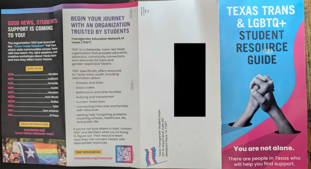 Row of three trifold brochures/posters: left dark flyer about Trans Texas takeover event; middle grey resource page; right bright blue/pink LGBTQ+ student resource guide with clasped hands image.
